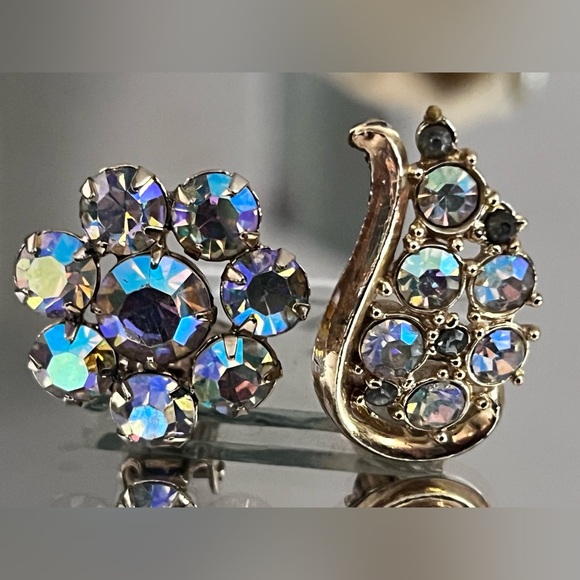 Vintage Mismatched ClipOn Earrings with Aurora Borealis Rhinestone Retro Sparkle - Picture 3 of 17